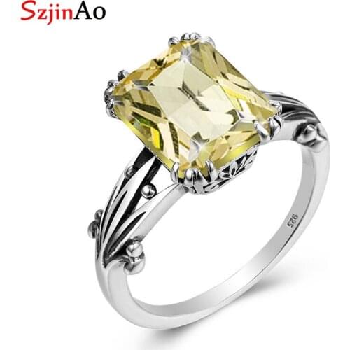 Szjinao Brand Gemstone Ring Citrine 925 Sterling Silver Women Jewelry Wedding Engagement Anniversary Costume Female Accessories