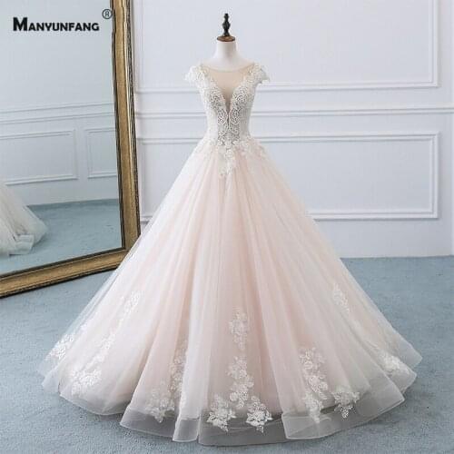 Real Photo Cap Sleeve Embroidery Appliques Tulle Lace Up Back Birdal Ball Gown Elegant O-Neck Sweep Train Crystal Wedding Dress
