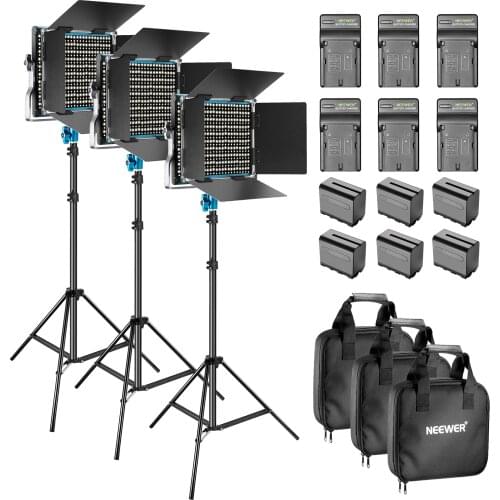 Neewer 3-Pack Dimmable Bi-color 660 LED Video Light with Barndoor Light Stand Battery for Photo Studio YouTube Video Shooting