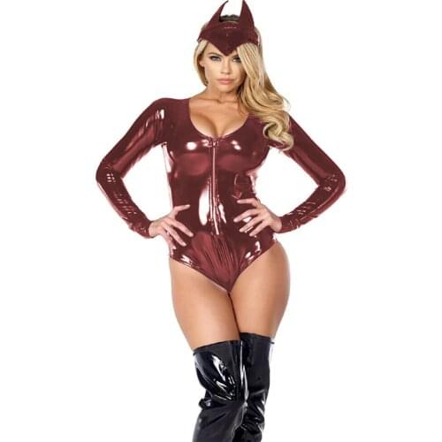 New Wetlook PVC Bodysuit With Headband Women Low Cut Zipper Jumpsuit Halloween Cat Knight Cosplay Glossy Long Sleeve Catsuit