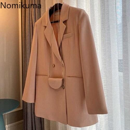 Nomikuma 2021 Spring New Blazer Women Double Breasted Notched Collar Suit Jacket Causal Long Sleeve Korean Elegant Blazers 6G381