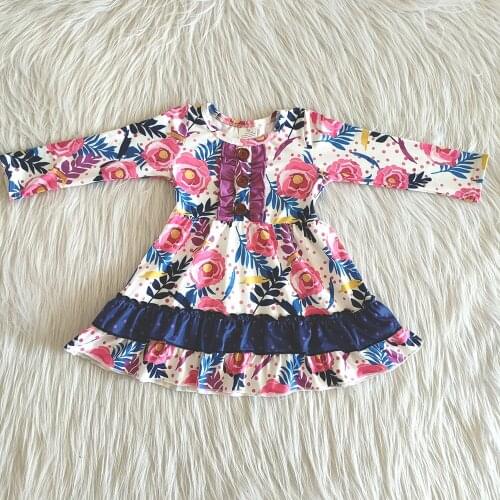 Boutique girl long sleeve frocks sweet flowers pattern baby girl dresses girl ruffle dress