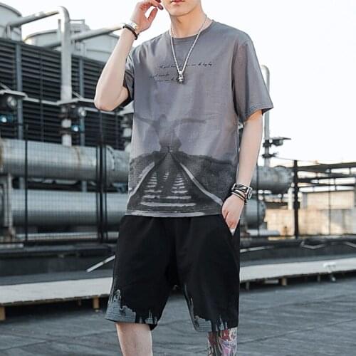 Casual sports suit mens summer thin style new short-sleeved ice silk fashion trend handsome set