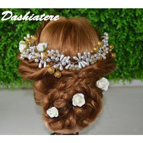 Handmade Wedding Bride Headband Jewelry Silver Gold Bead Pearl Ivory Rose Flowers Hairpins Set Bridal Updo Hair Accessories