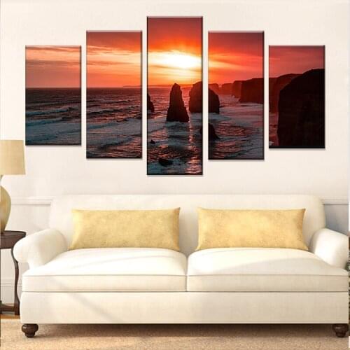 Modern Wall Art HD Printed Pictures Frame Living Room 5 Panel Sea Sunrise Red Cloud Scenery Home Decoration Posters Painting
