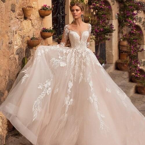 Goegeous Long Sleeves Wedding Dress Custom Scoop Neck Lace Appliques Tulle Ball Gown Bride Bridal Dresses Back Buttons