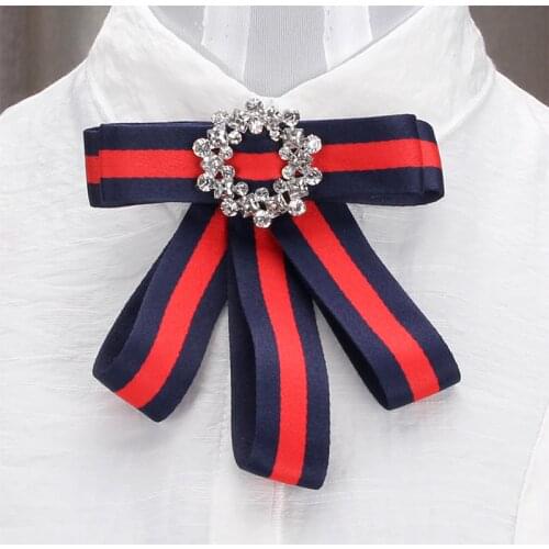Vintage Styling Stripe Grosgrain Bow with Crystal Rhinestone Brooches Neck Tie Pins Girls Student Party Wedding Women Jewelry