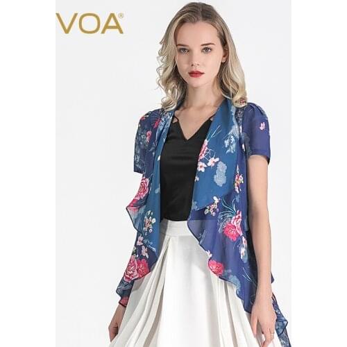 VOA Silk 12m/m Printed Chiffon Ruffle Design Short-Sleeved Tops Thin Cardigan Sun Wild Cropped Woman Jacket B027 Women Clothing