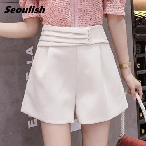 Seoulish Summer 2021 New Formal Buttons Womens Suit Shorts High Waist Casual Office Lady Wide Leg Shorts Chic Loose Trousers