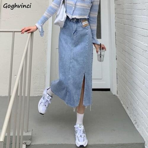 Women Midi Skirts Denim Letter Slender Slide-slit Retro Classic Korean Style Teenagers Hipster High Quality All-match Summer Hot