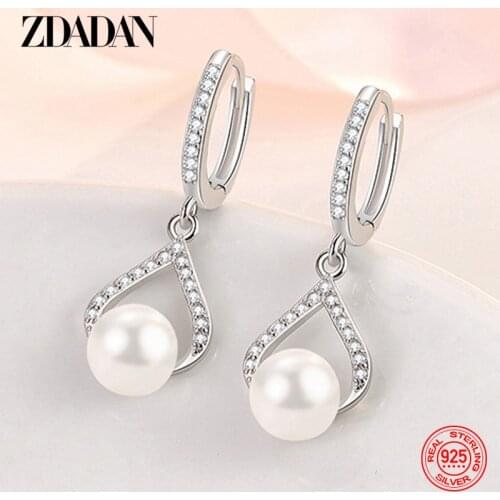 ZDADAN 925 Sterling Silver Pearl Drop Shape CZ Dangle Earrings For Women Fashion Wedding Jewelry Party Gift Wholesale