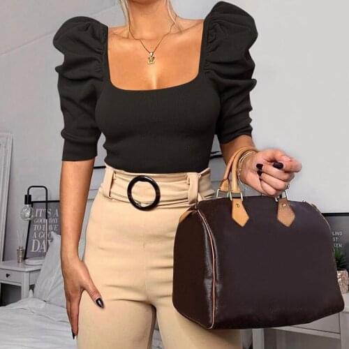 QICIUS Women Puff Sleeve Crop Top Summer Square Collar Tops Mujer Office Lady Black White T Shirt Femme Casual Streetwear