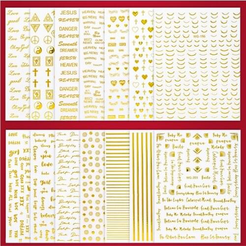 1Sheet 3D Water Decals Nail Art Stickers cross letter geometry gold color Stickers for Nails Sticker Decorations Manicure Z041
