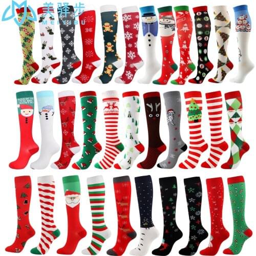1 Pair Christmas Compression Stock High Quality Unisex Compress Sports Running Knee High Nylon Socks Relieve Muscle Fatigue