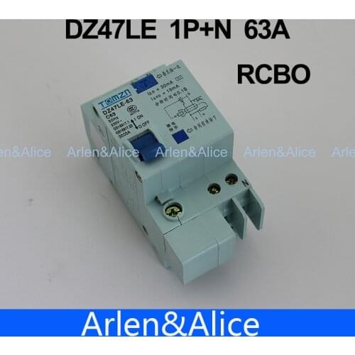 DZ47LE 1P+N 63A C type 230V~ 50HZ/60HZ Residual current Circuit breaker with over current and Leakage protection RCBO