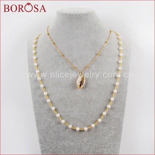 BOROSA Wholesale elegant Gold Color Natural Cowrie Shell With Pearl Beads Necklace For Women G1635