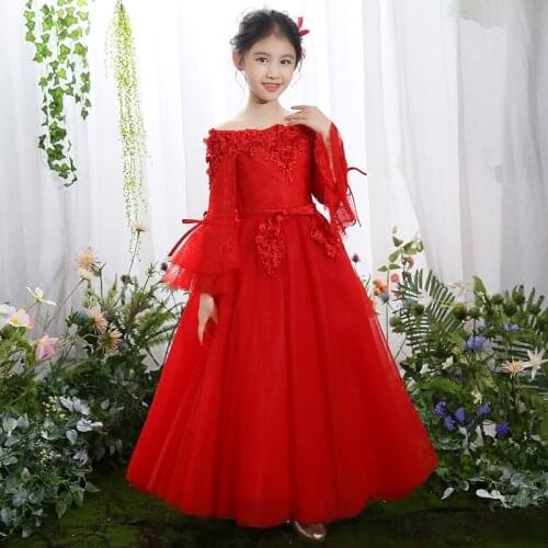 Sales Promotion Children Girls AutumnLuxury Red Shoulderless Birthday Wedding Party New Year Festival Princess Fluffy Lace Dress