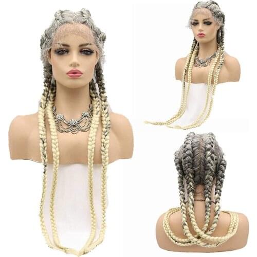 FGY 30 Inch Braided Synthetic Wig Brown Mixed Gold Hand Hook Lace Front Ladies Wig with Baby Hair Box Front Lace Woven Wig