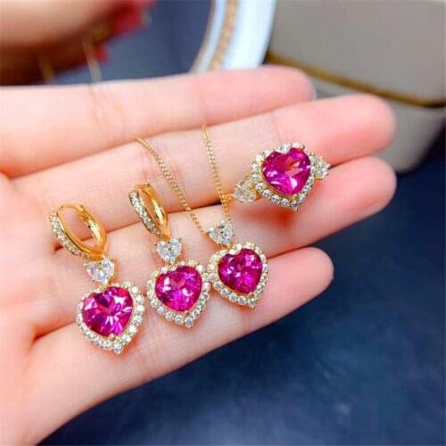 Luxury Bridal Jewelry Sets Elegant Pink Heart Crystal Jewelry Set Drop Earrings Adjustable Open Rings Necklace Sets For Women