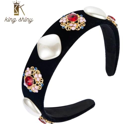 King Shiny Ethnic Baroque Crystal Flower Headband Vintage Simulated Pearl Beaded Black Velvet Hairband Girls Party Hair Jewelry