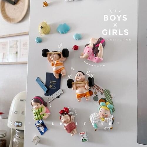 Bathroom Doll Fat Girl Weightlifting Sports Resin Refrigerator Magnet Magnet Refrigerator Decoration