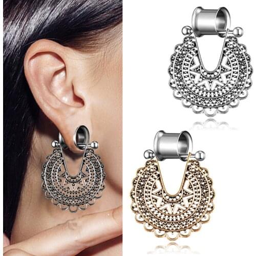 MagiDeal Bohemian Hollow Out Filigree Flower Ethnic Tribe Stainless Steel Dangle Ear Plugs Tunnel 6mm-12mm