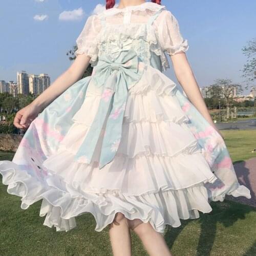 Kawaii Cat Daydream Lolita Sling Jsk Dress Spring Summer Layered Strap Skirt Robe Midi Sweet Girl Ruffle Lace Bow Long Dresses