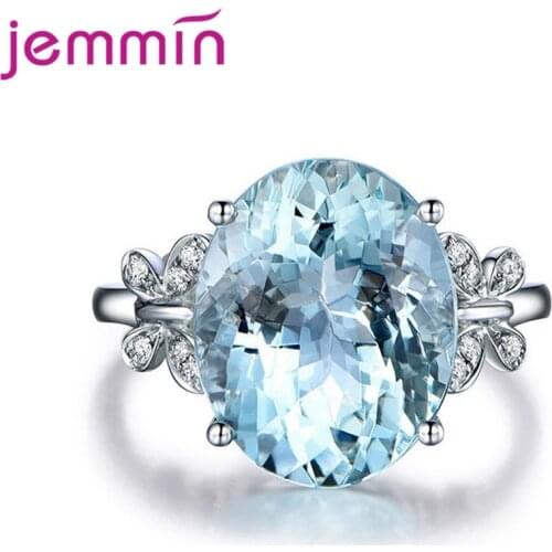 Fashion Round Butterfly Finger Wedding Rings For Women Big Ocean Blue CZ Crystal Fine Ring Fashion Jewelry Dropshipping