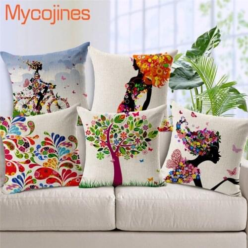 Fashion Simple Cotton Linen Cushion Cover Colorful Tree and Charming Woman Pattern Chair Waist Pillowcase Throw Pillow Cover