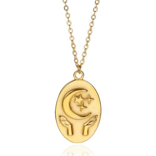 Rose Gold Coin Pendants Necklaces Stainless Steel Moon & Star & Double Hand Necklaces For Women Boho Jewelry Mom Sister Gifts