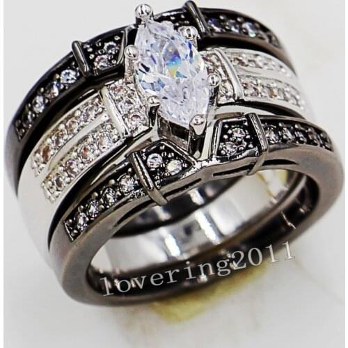 Fashion Jewelry Engagement Marquise Cut AAA CZ Simulated stones 14KT White Gold Filled Wedding Band Ring Set Sz 5-11 Gift