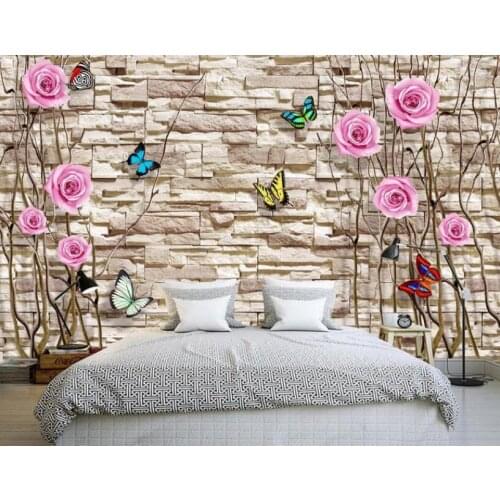 CJSIR Custom Wallpaper Mural Trunk Rose Butterfly Culture Wall Brick Wall 3D Stereo TV Background Wall 3d Wallpaper Decoration