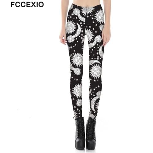 FCCEXIO New Gothic Moon Sun 3D Print Leggings Skull Fitness Pencil Pants High Waist Seamless Black Trousers Plus Size S-3XL