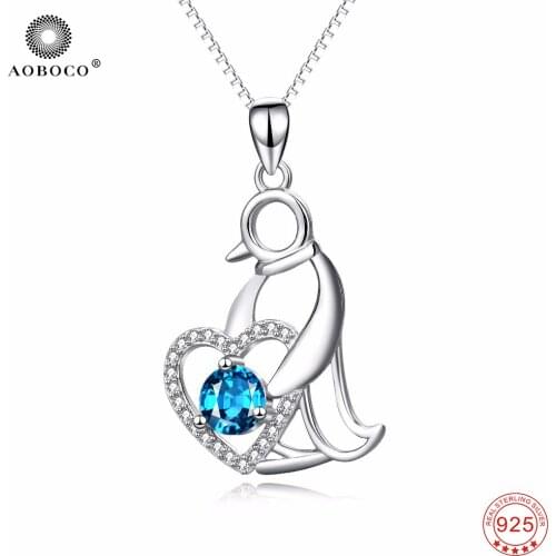 AOBOCO Christmas Gift Brand New Arrival 100% Fine 925 Sterling Silver Necklace Lovely Penguin Love Heart Women Necklaces PYX0120