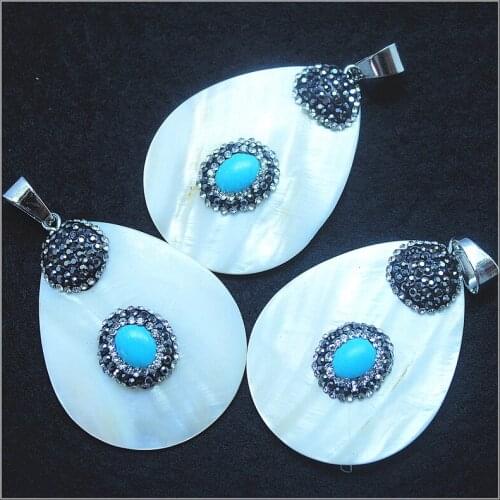 Natural white shell pendants with blue turquoisee stone with rhinestone teardrop shape size 47x38mm women necklace making parts