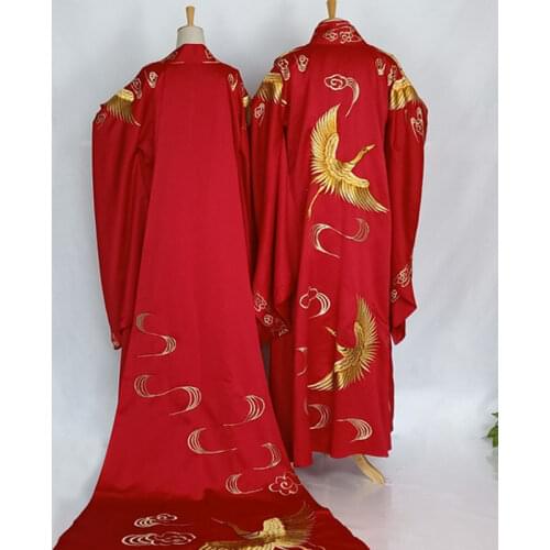 Traditional Chinese Wedding Hanfu Costume Sets for Bride and Groom Red with Golden Embroidery Phoenix Long Tailed Hanfu
