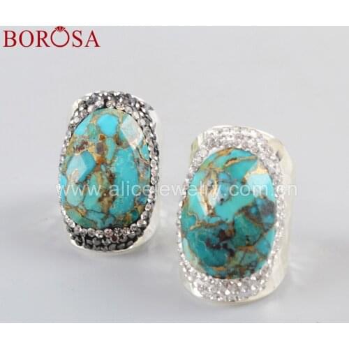 BOROSA Jewelry 5PCS Oval Natural Gold-Line Turquoises Stone Silver Color Rings Crystal Paved Black/White Zircons Drusy JAB944