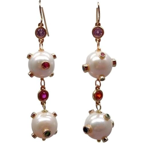 YYGEM natural Cultured White Round Pearl Multi Color Cubic Zirconia Pave Dangle Hook Earrings