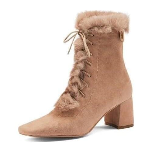 Women Shoe Suede Leather Ankle Boots Heels Shoes For Women 2021 Woman Boots Fur Lace-Up Shoes On Heels Square Toe Size 34-40