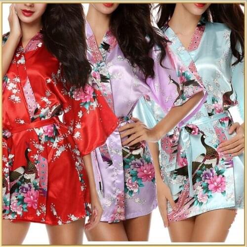 Womens Sleepwear Robes Sexy Womens Print Half Sleeve Satin Polyester Sleep Lounge Robes Vestaglia Satin Kimono Robe