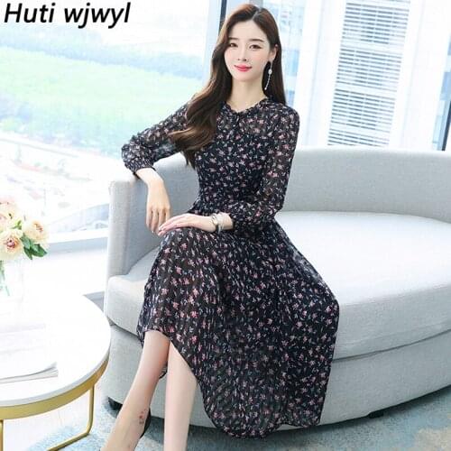 Women Floral Chiffon Casual Beach Boho Sundress 2021 Elegant Long Sleeve Party Vestido Spring Autumn Vintage Bodycon Midi Dress