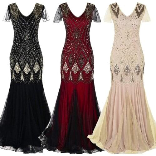 Women 1920s Great Gatsby Beaded Sequins Dress Long 20s Flapper Dress Vintage V Neck Maxi Party Dress for Prom Cocktail Plus Size
