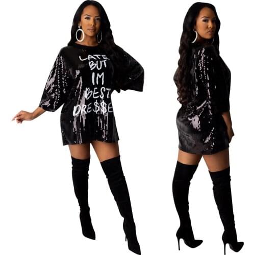 Letter Printed Sequin Mini Dress Women 2021 New Spring Fashion Clothes Half Sleeve O Neck Loose Dresses Casual High Streetwear