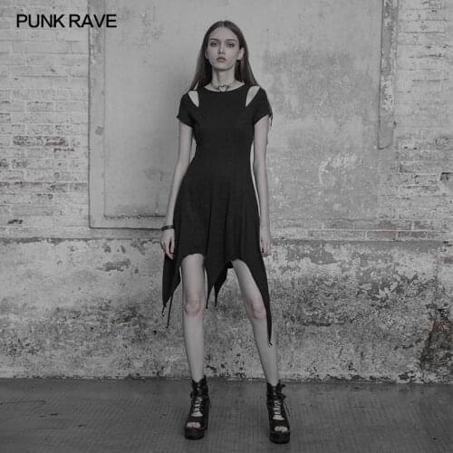 PUNKRAVE Womens Irregular Hem Dress Gothic Handsome Slim-Fitting Breathable Elastic Daily Wear Short Sleeve Dress