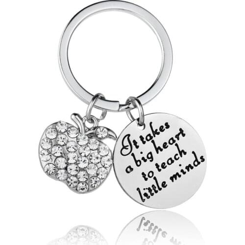 12PC It Takes A Big Heart To Teach Little Minds Keyring Stainless Steel Apple Crystal Rhinestone Keychain Teachers Day Gift Hot