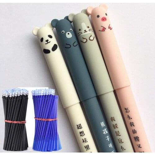 【4pcs pen +20pcs refills】Kawaii 0.35mm Erasable Pen for School Supplies Cute Bear Panda Pig Cat Pens Gel Pen Refill Rods Gift