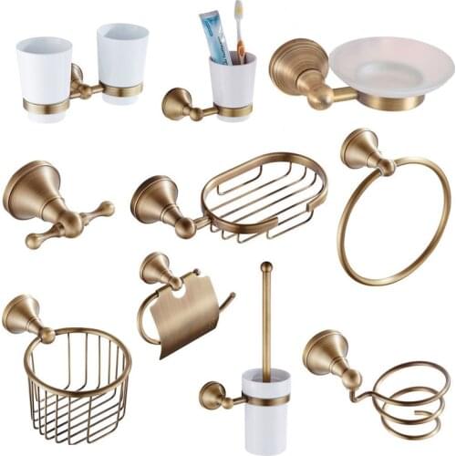 Bathroom Accessories Antique Brass Collection, Towel Ring, Paper Holder, Toilet Brush, Coat Hook, Bath Rack, Soap Dish Nzh05