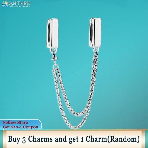 Ahthen 925 Sterling Silver Bead Silver Safety Chain Clip Charm fit Original Pandora Bracelets for Women Jewelry Making Girl Gift