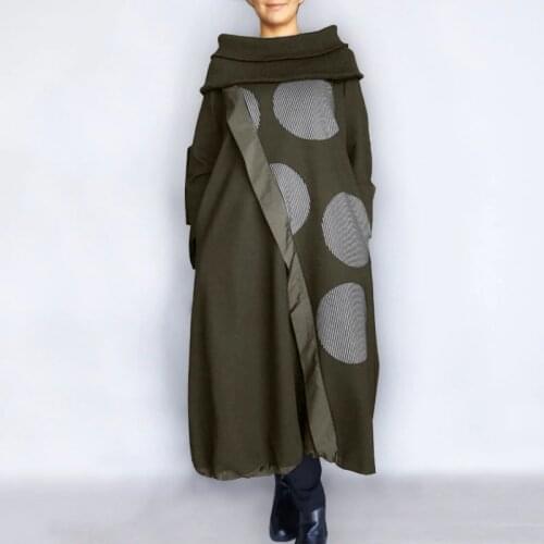 Elegant Womens Dress 2021 VONDA Female Sweatshirt Dress Vintage Dot Print Patchwork Jumper Dress Loose Pullover