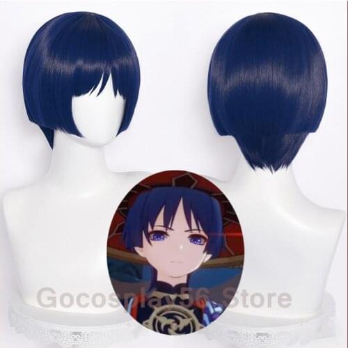 Genshin Impact Scaramouche Cosplay Wig Blue Short Straight Heat Resistant Hair Adult Halloween Role Play